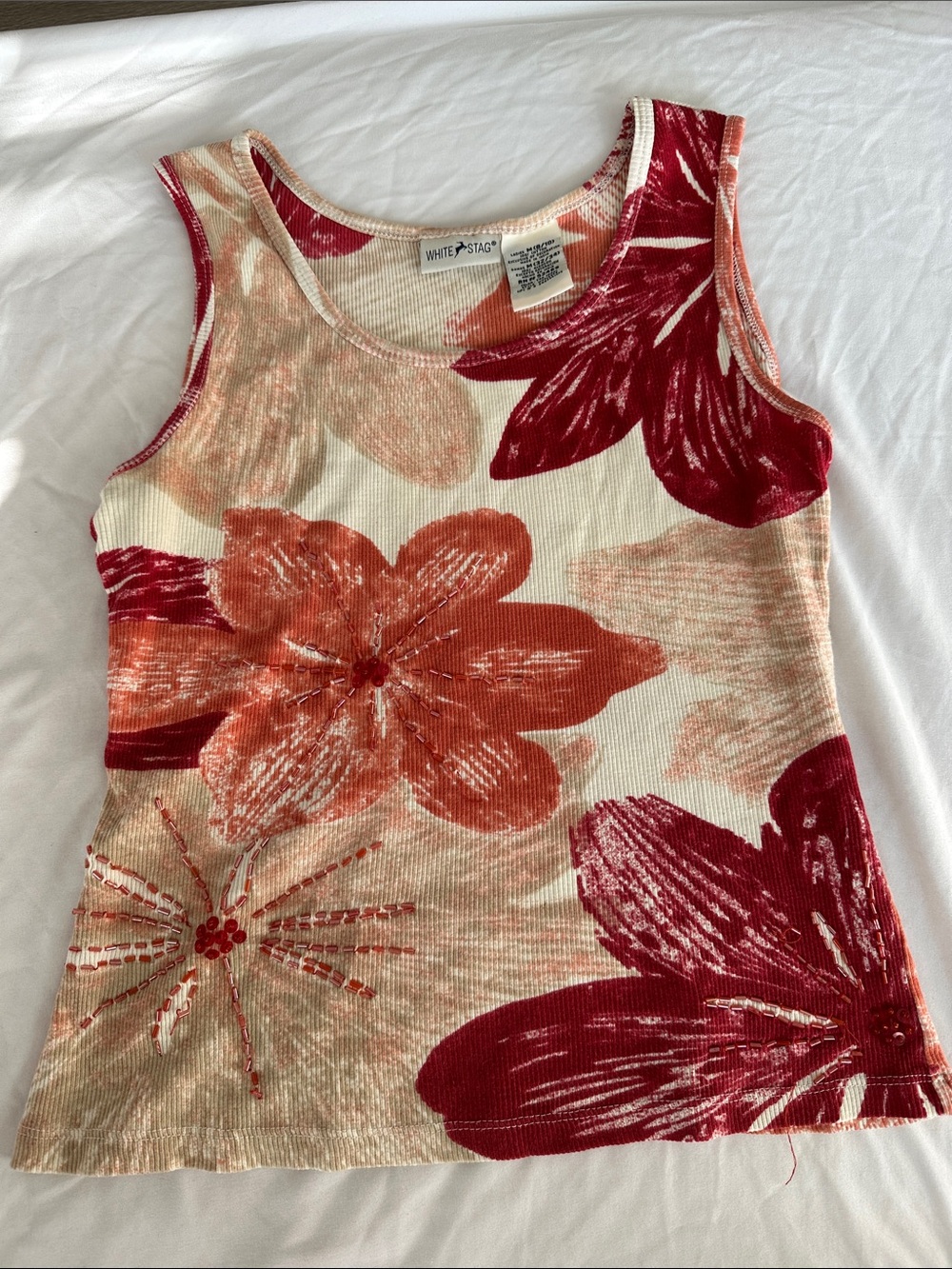 White Stag Cream Tank Top with Red and Orange Floral Print - Beaded